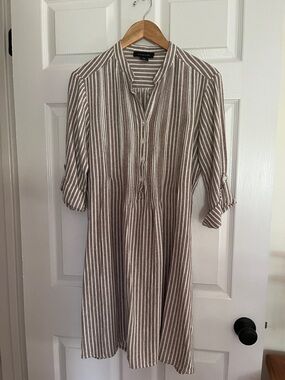 Tahari Brown and White Striped Button-Front Tunic